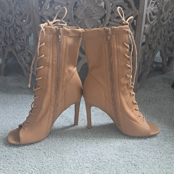 Tan Lace-Up Peep Toe Heeled Boots - Picture 3 of 5